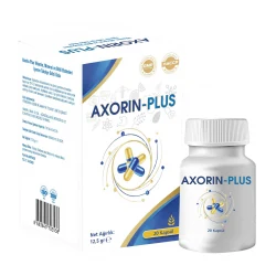 Axorin Plus kutusu ve kavanozu: beyaz karton kutu ve önünde 20 kapsüllük beyaz kavanoz
